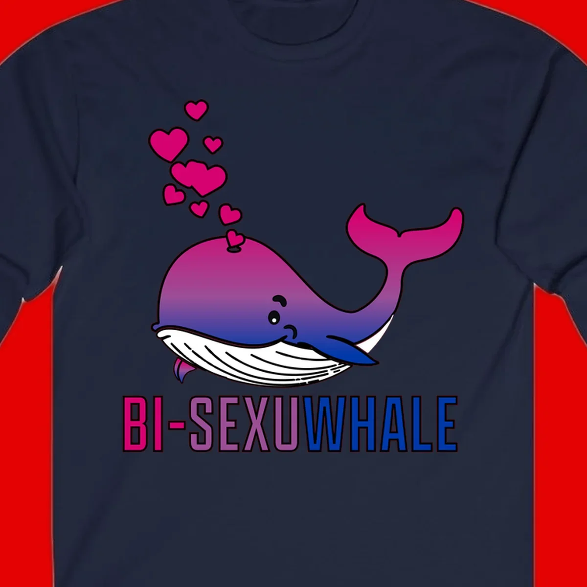 Cute smiling whale in bi pride colors (magenta, purple, blue) with floating hearts and 'BI-SEXUAL WHALE' text below