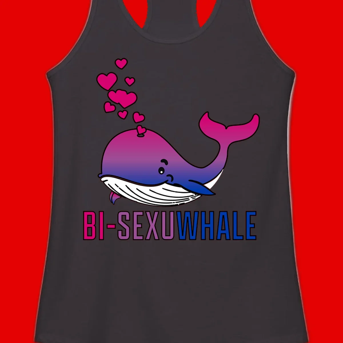 Cute smiling whale in bi pride colors (magenta, purple, blue) with floating hearts and 'BI-SEXUAL WHALE' text below