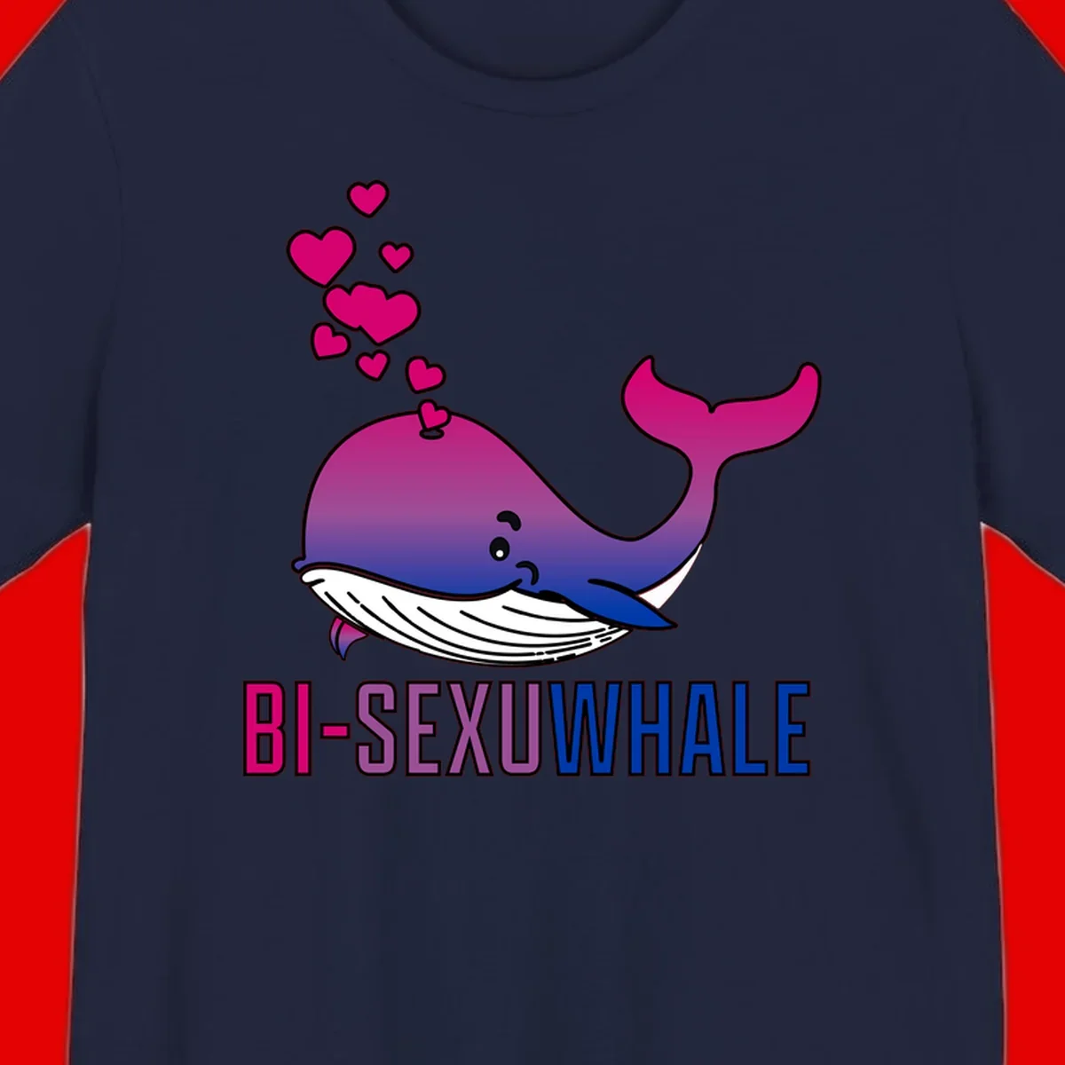 Cute smiling whale in bi pride colors (magenta, purple, blue) with floating hearts and 'BI-SEXUAL WHALE' text below