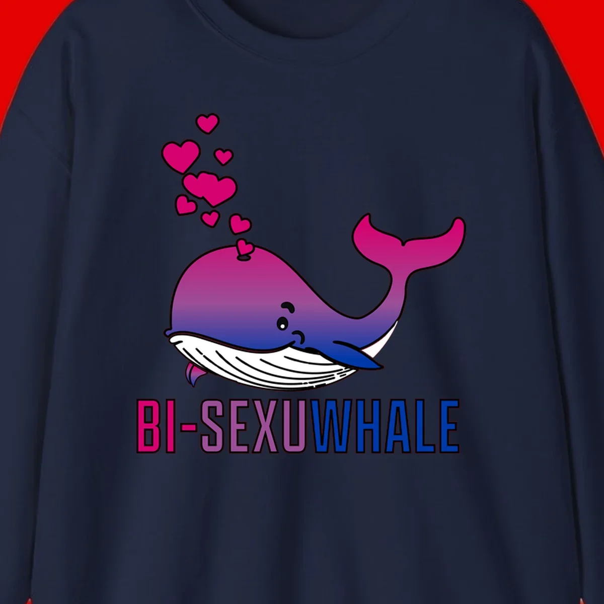 Cute smiling whale in bi pride colors (magenta, purple, blue) with floating hearts and 'BI-SEXUAL WHALE' text below