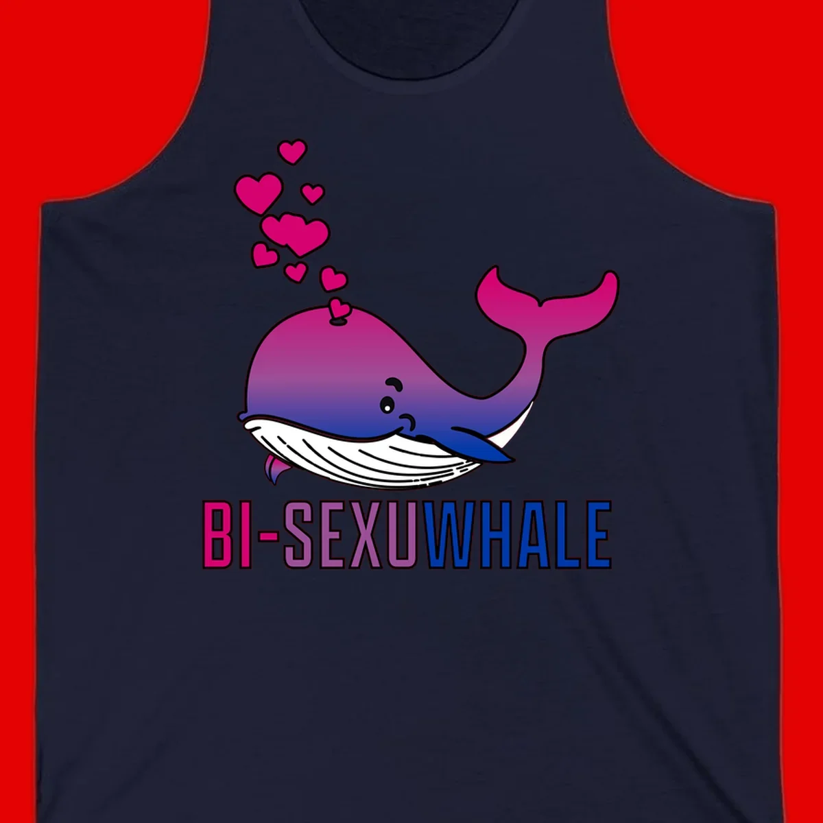 Cute smiling whale in bi pride colors (magenta, purple, blue) with floating hearts and 'BI-SEXUAL WHALE' text below