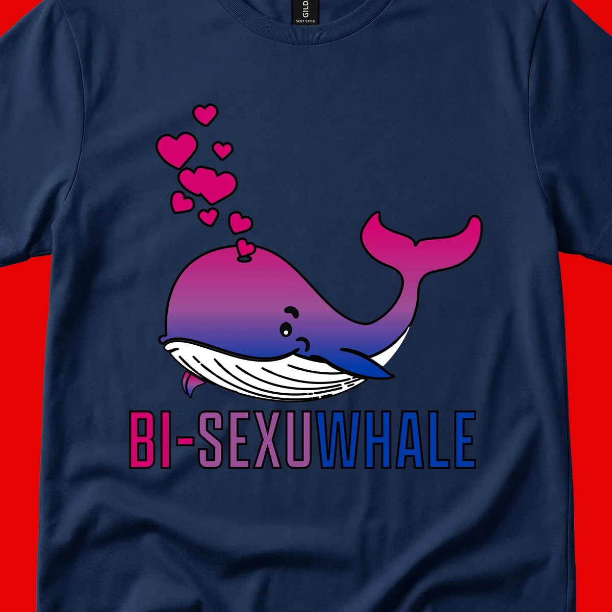 Cute smiling whale in bi pride colors (magenta, purple, blue) with floating hearts and 'BI-SEXUAL WHALE' text below