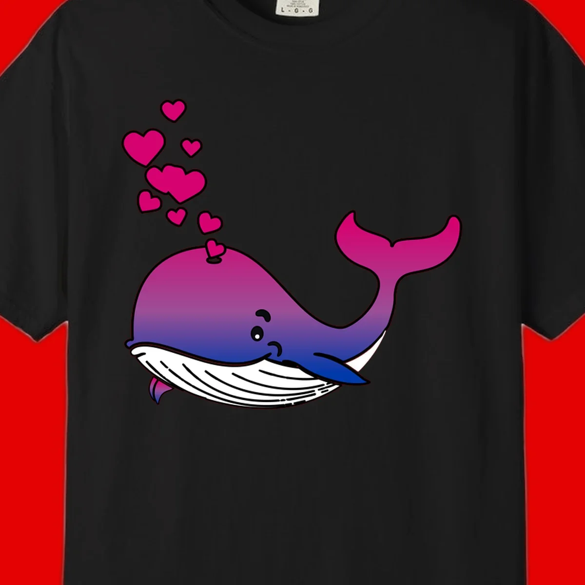 Illustration of a gradient magenta and blue whale spouting pink hearts, representing love and ocean wildlife