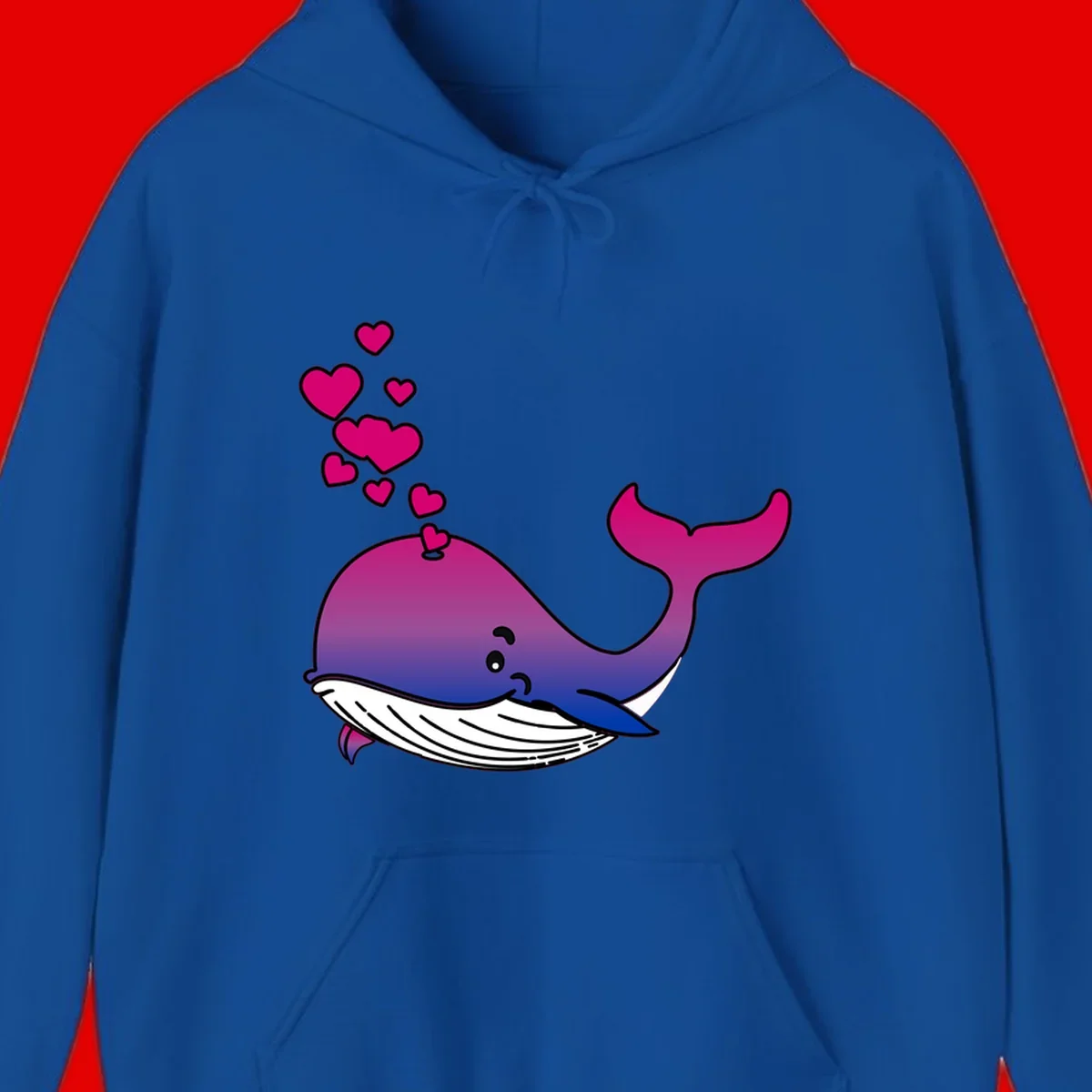 Illustration of a gradient magenta and blue whale spouting pink hearts, representing love and ocean wildlife