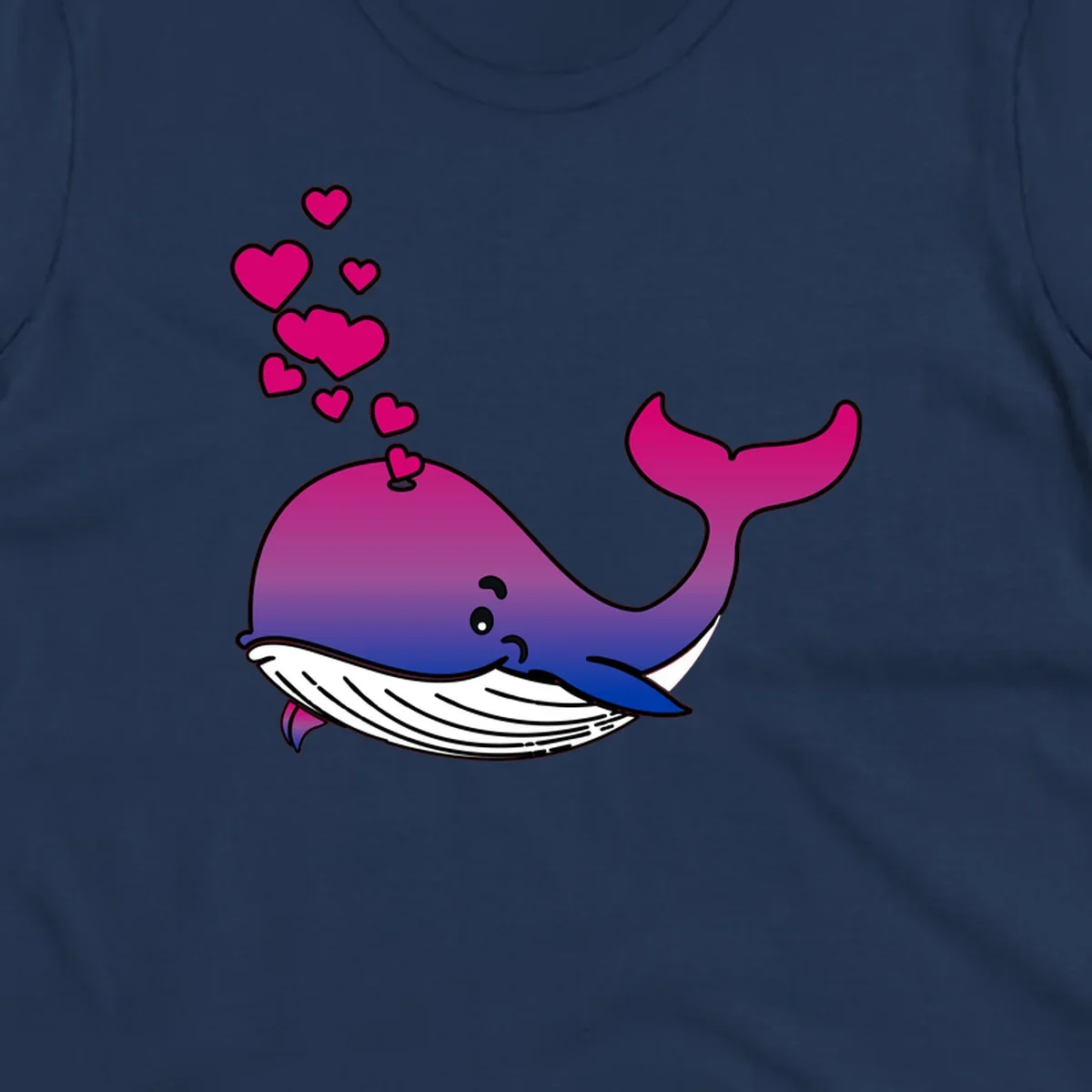 Illustration of a gradient magenta and blue whale spouting pink hearts, representing love and ocean wildlife