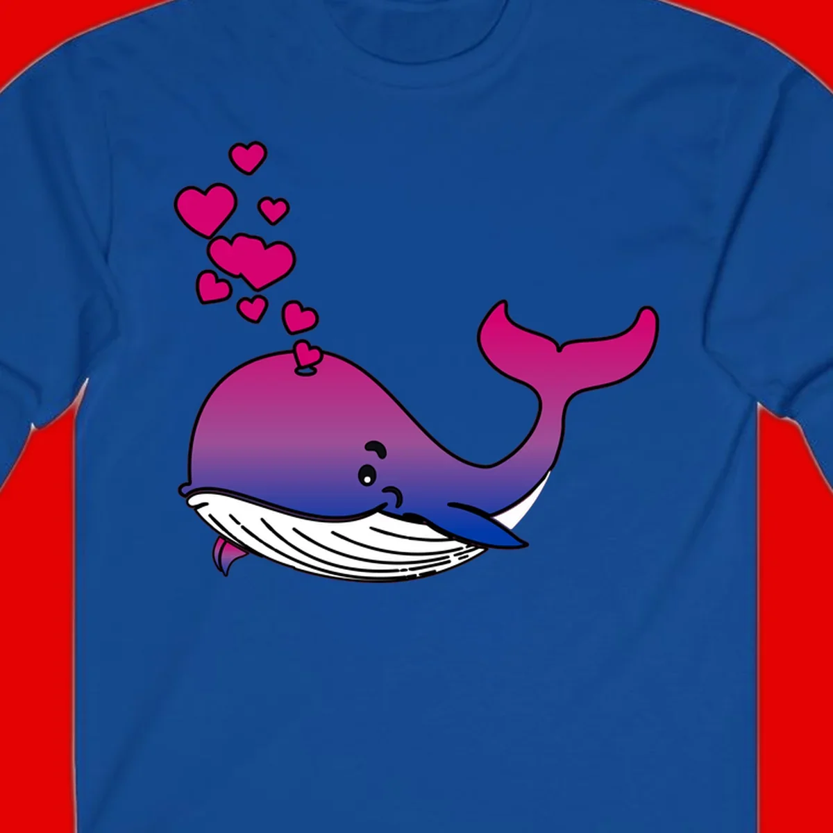 Illustration of a gradient magenta and blue whale spouting pink hearts, representing love and ocean wildlife