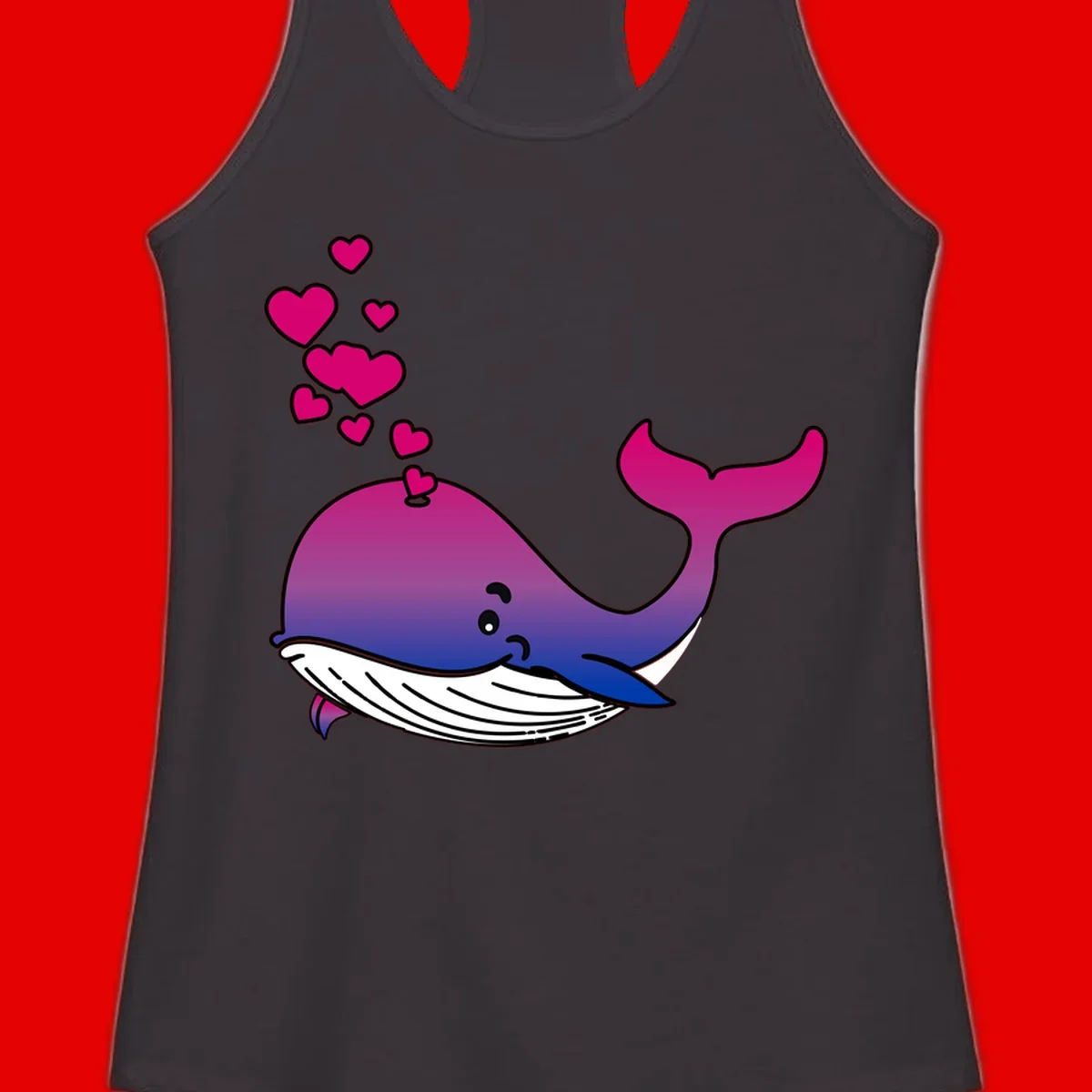 Illustration of a gradient magenta and blue whale spouting pink hearts, representing love and ocean wildlife