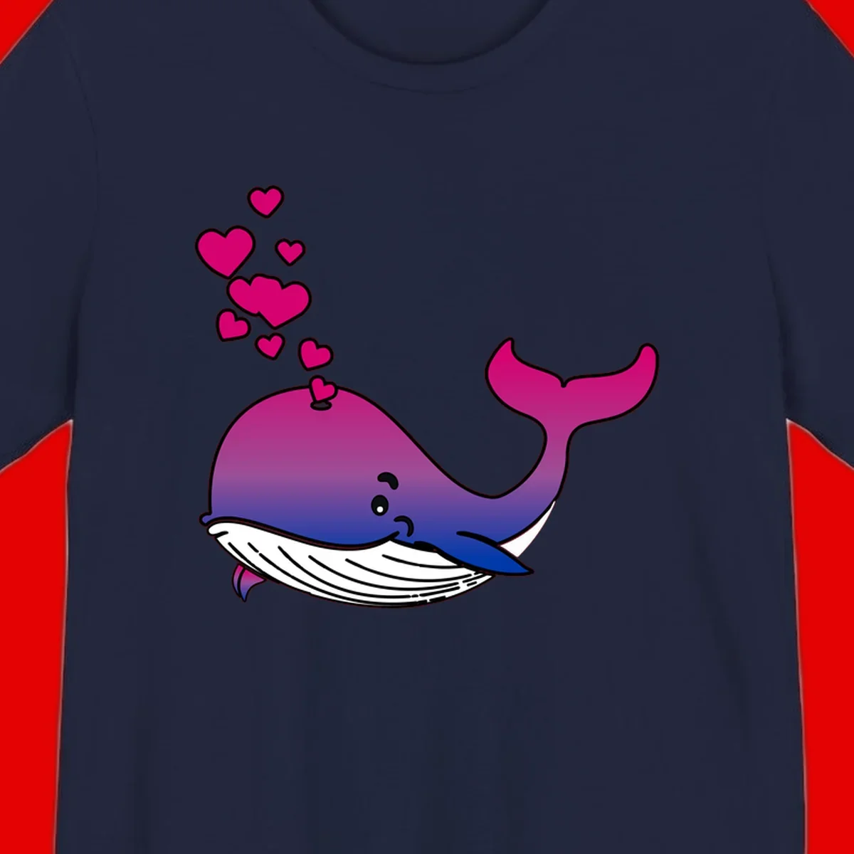 Illustration of a gradient magenta and blue whale spouting pink hearts, representing love and ocean wildlife