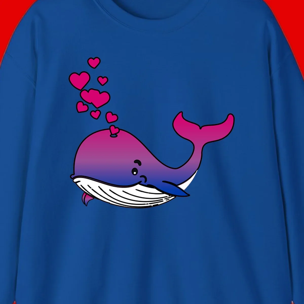 Illustration of a gradient magenta and blue whale spouting pink hearts, representing love and ocean wildlife