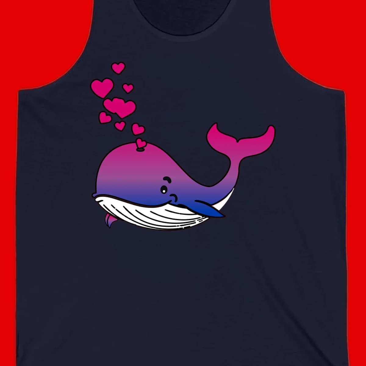 Illustration of a gradient magenta and blue whale spouting pink hearts, representing love and ocean wildlife