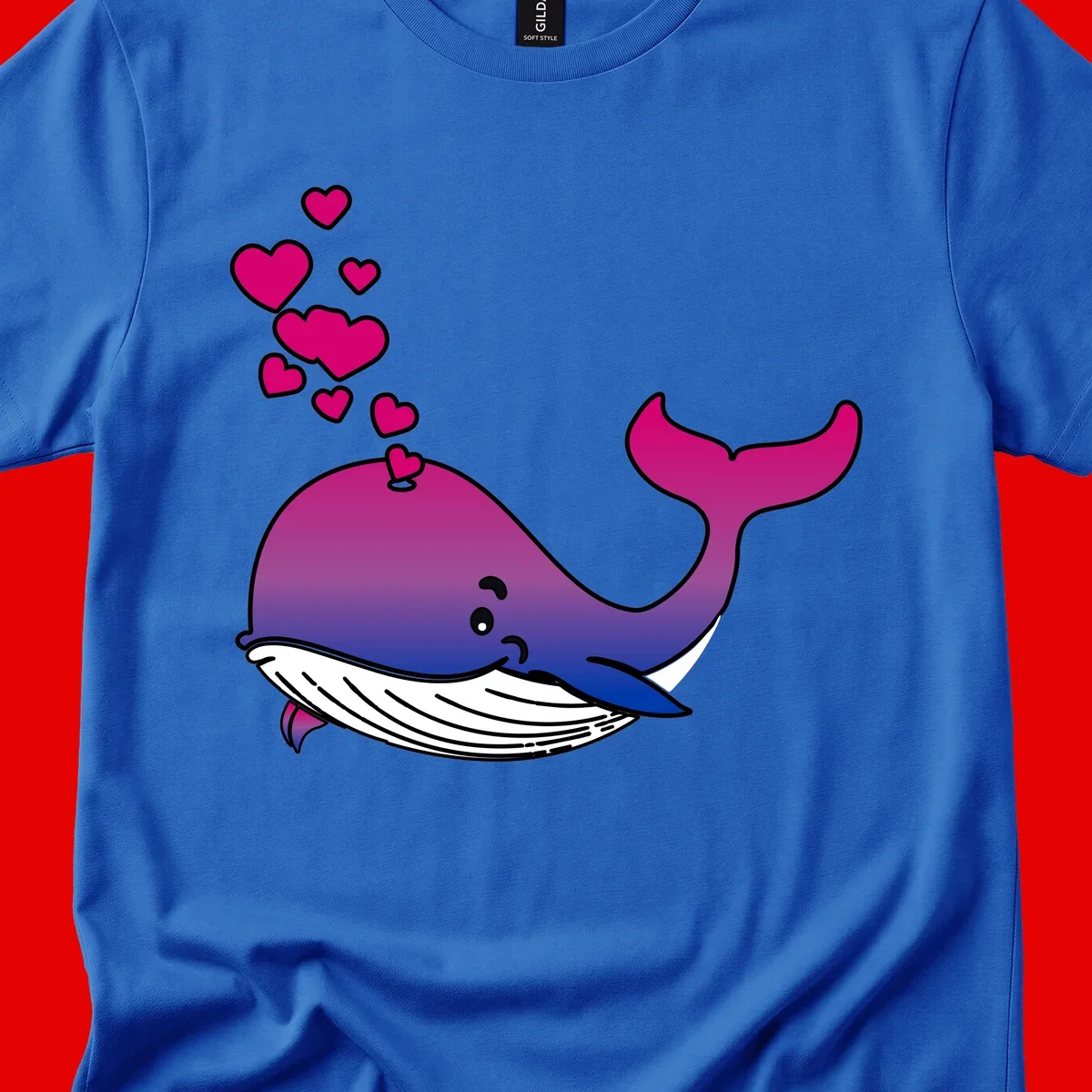 Illustration of a gradient magenta and blue whale spouting pink hearts, representing love and ocean wildlife