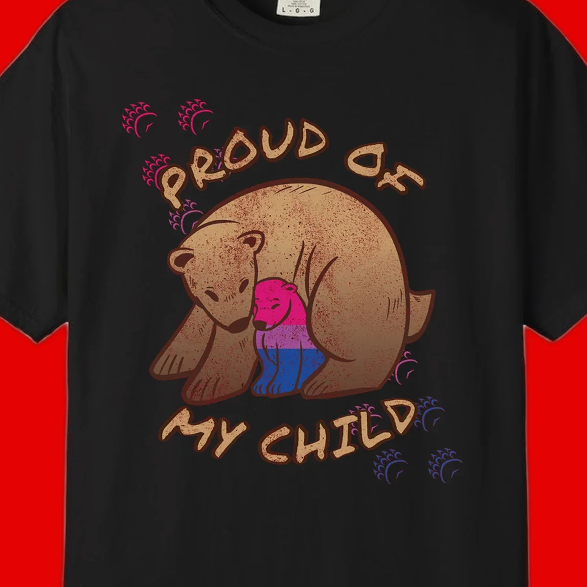 Brown bear holding rainbow pride flag with text reading 'Proud As My Chub' on gray background