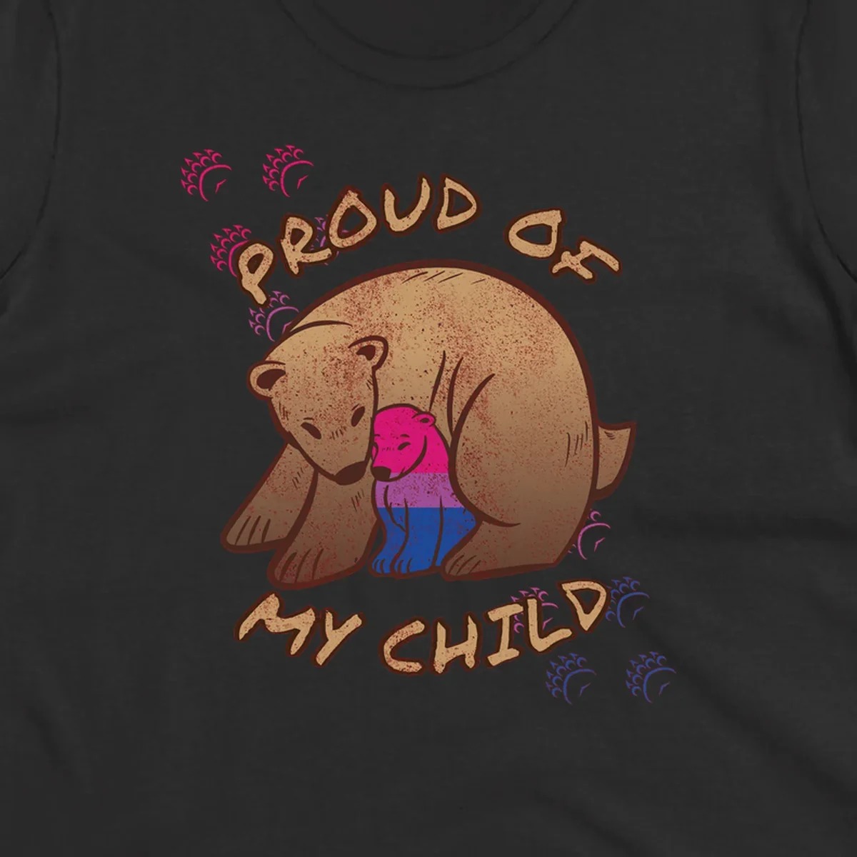 Brown bear holding rainbow pride flag with text reading 'Proud As My Chub' on gray background