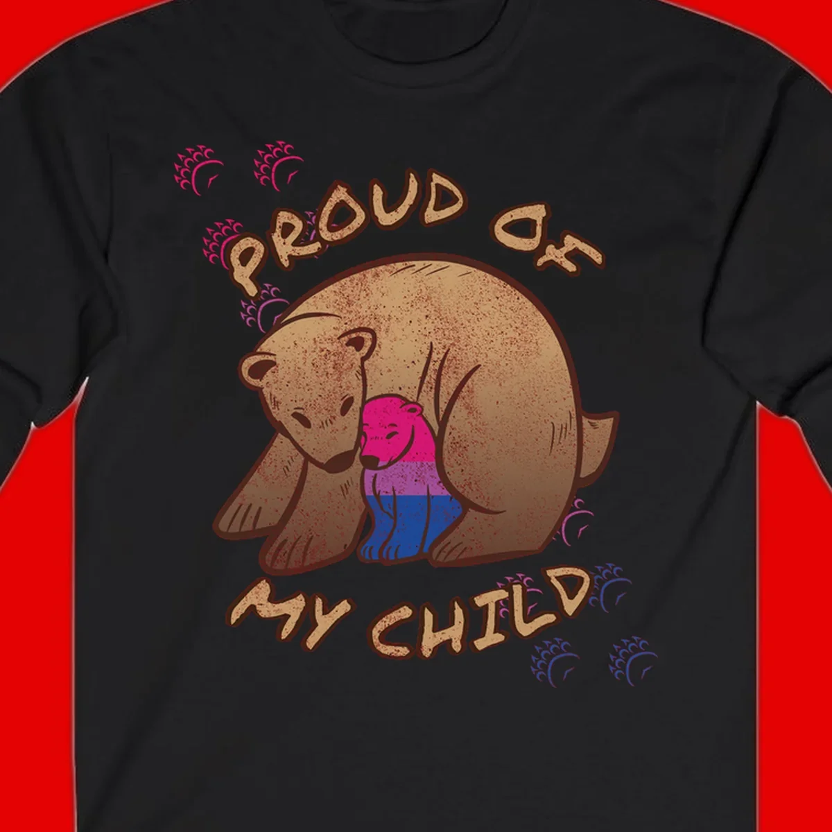 Brown bear holding rainbow pride flag with text reading 'Proud As My Chub' on gray background