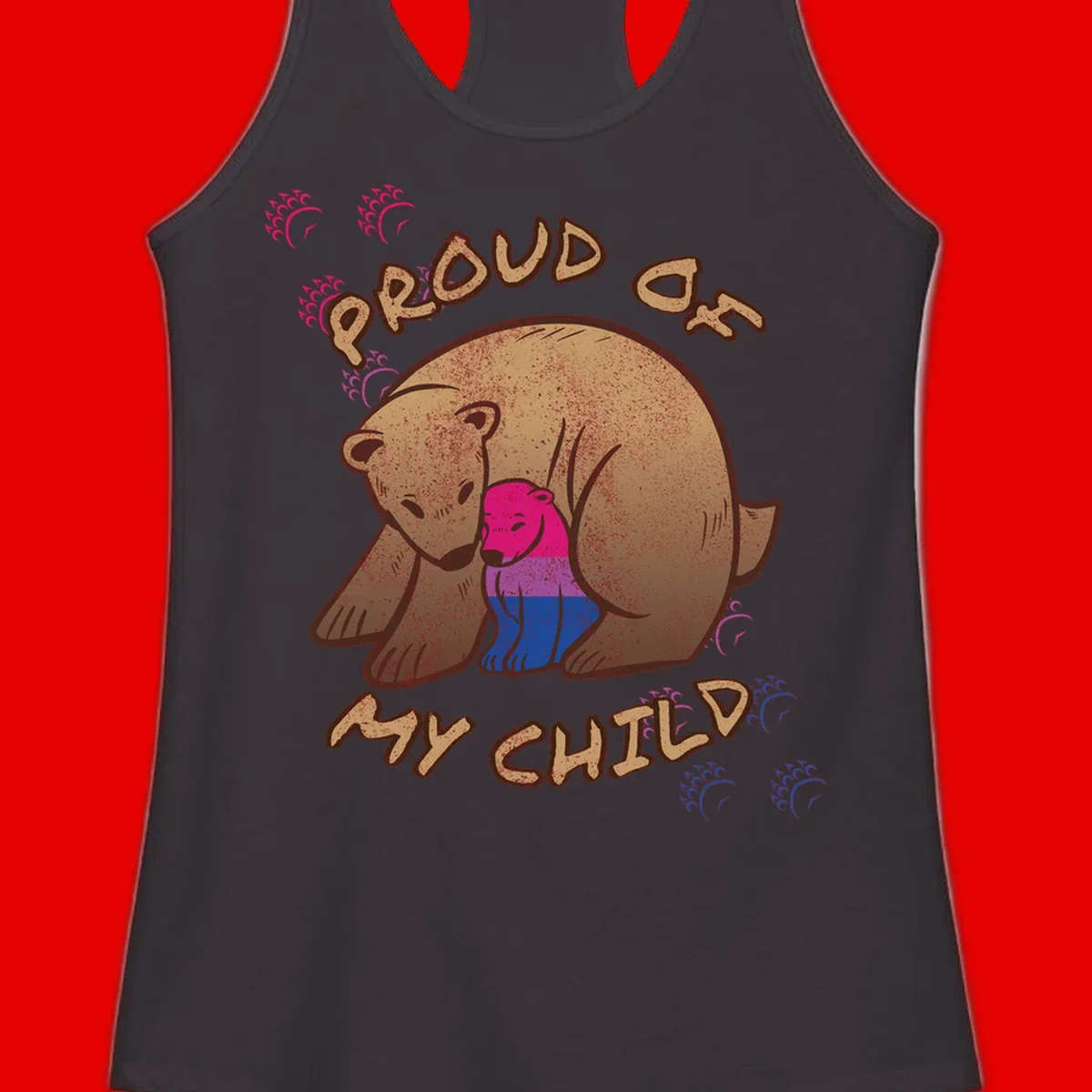 Brown bear holding rainbow pride flag with text reading 'Proud As My Chub' on gray background