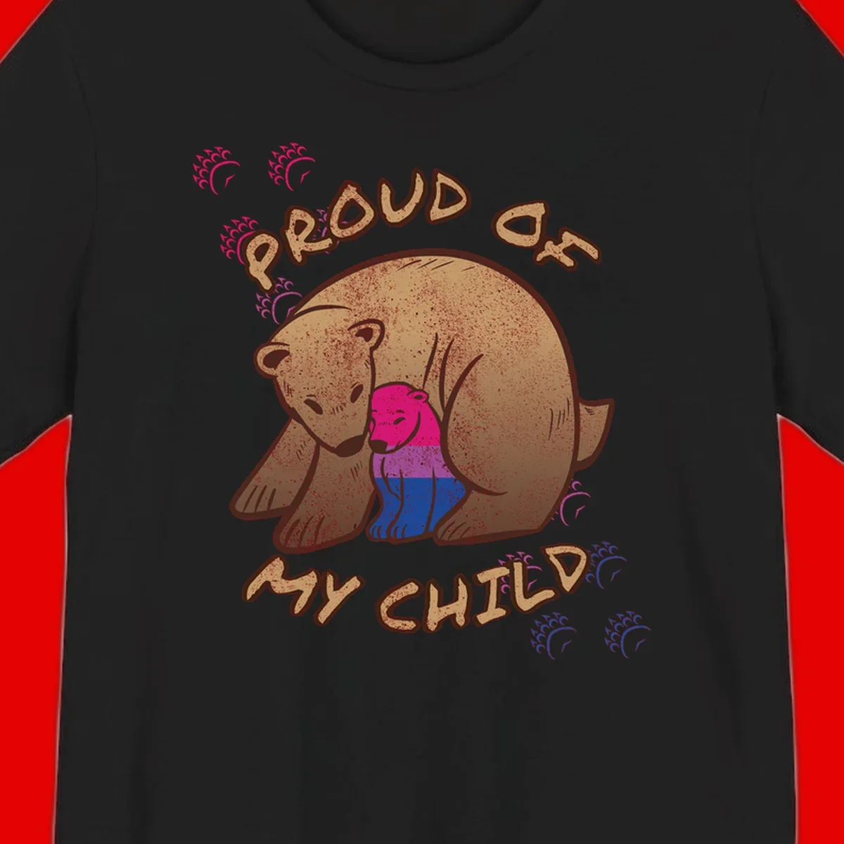 Brown bear holding rainbow pride flag with text reading 'Proud As My Chub' on gray background