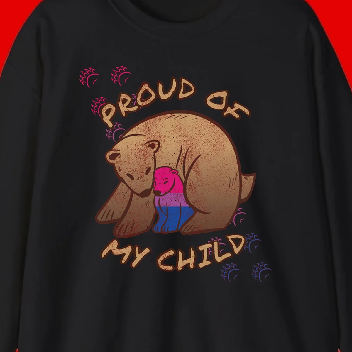 Brown bear holding rainbow pride flag with text reading 'Proud As My Chub' on gray background