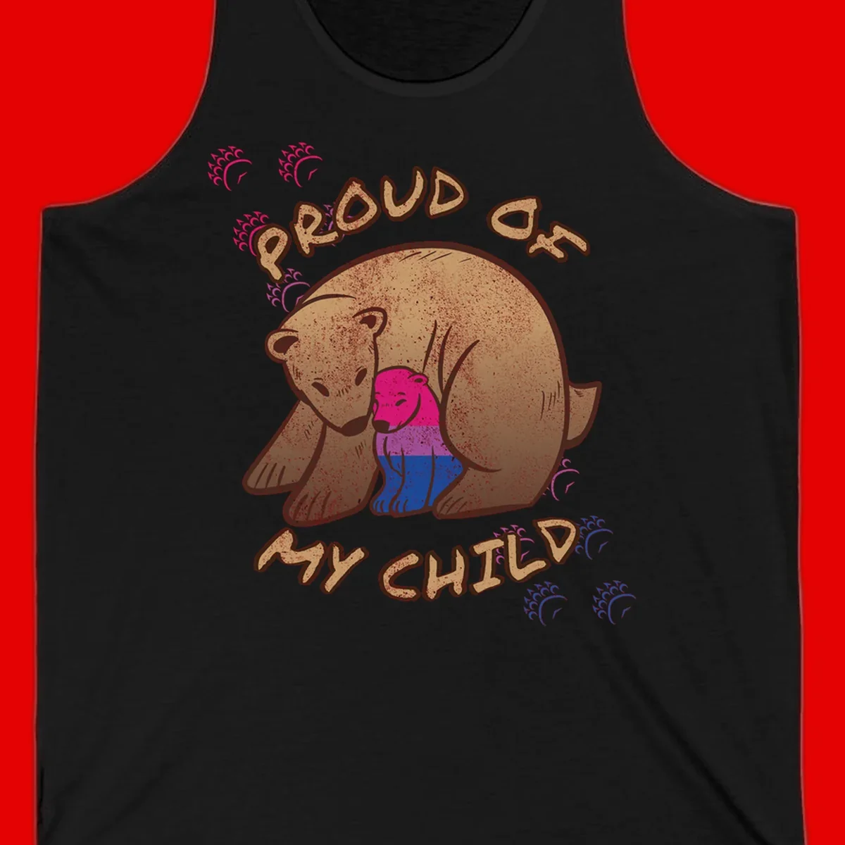 Brown bear holding rainbow pride flag with text reading 'Proud As My Chub' on gray background