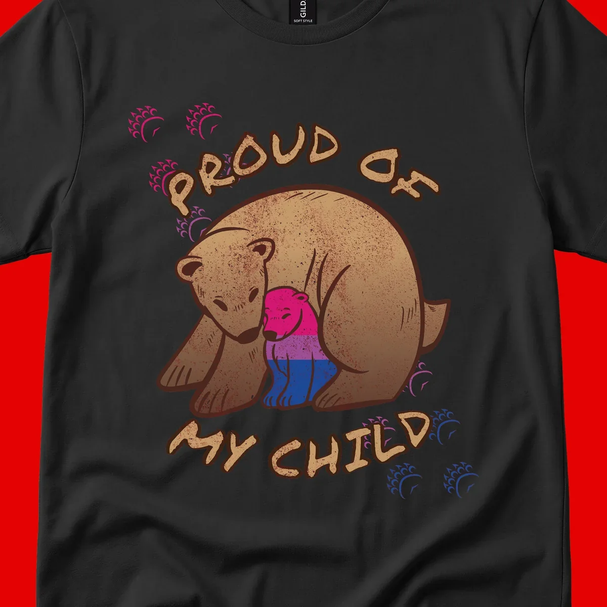 Brown bear holding rainbow pride flag with text reading 'Proud As My Chub' on gray background