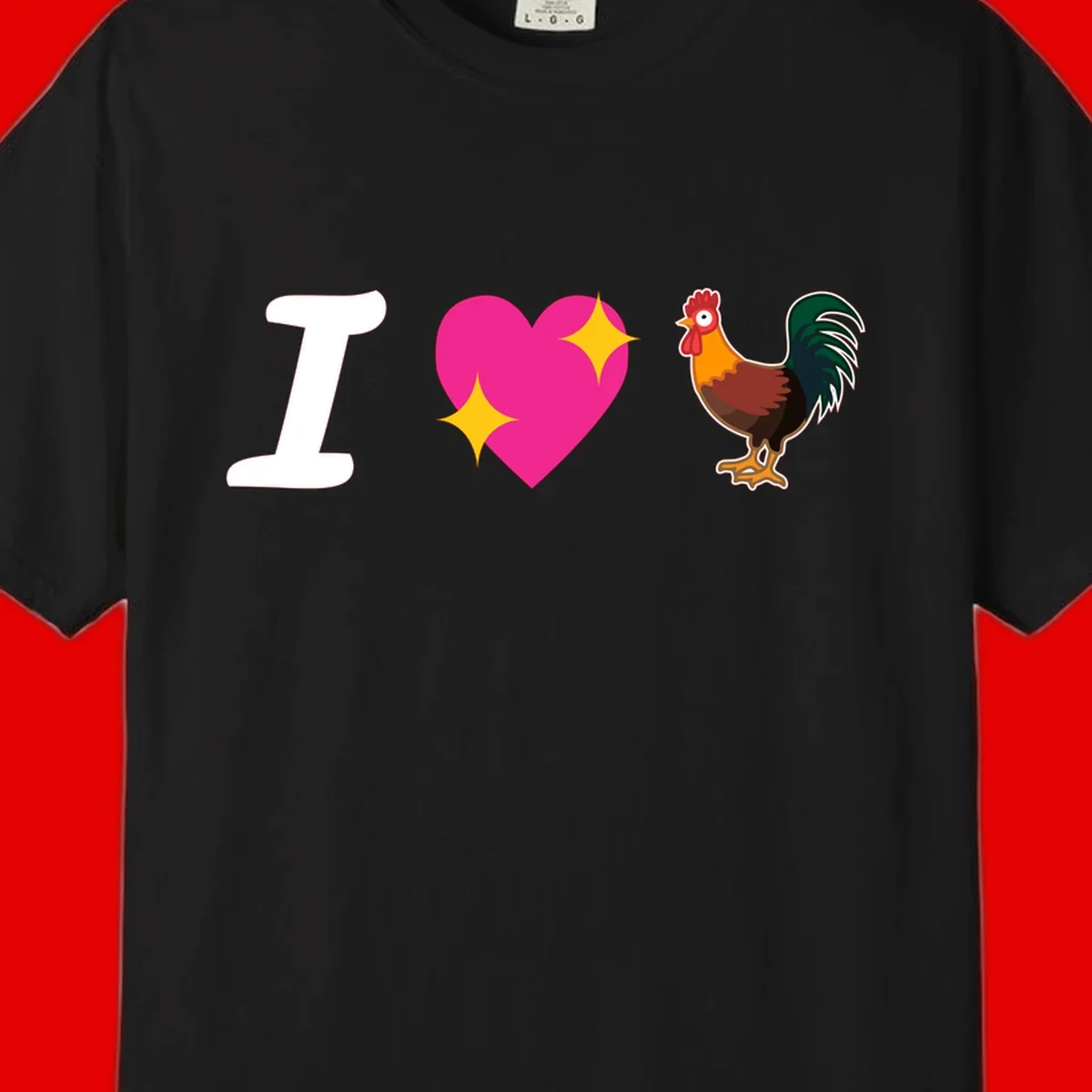 I love rooster design featuring large white I, pink sparkly heart, and colorful rooster illustration on gray background