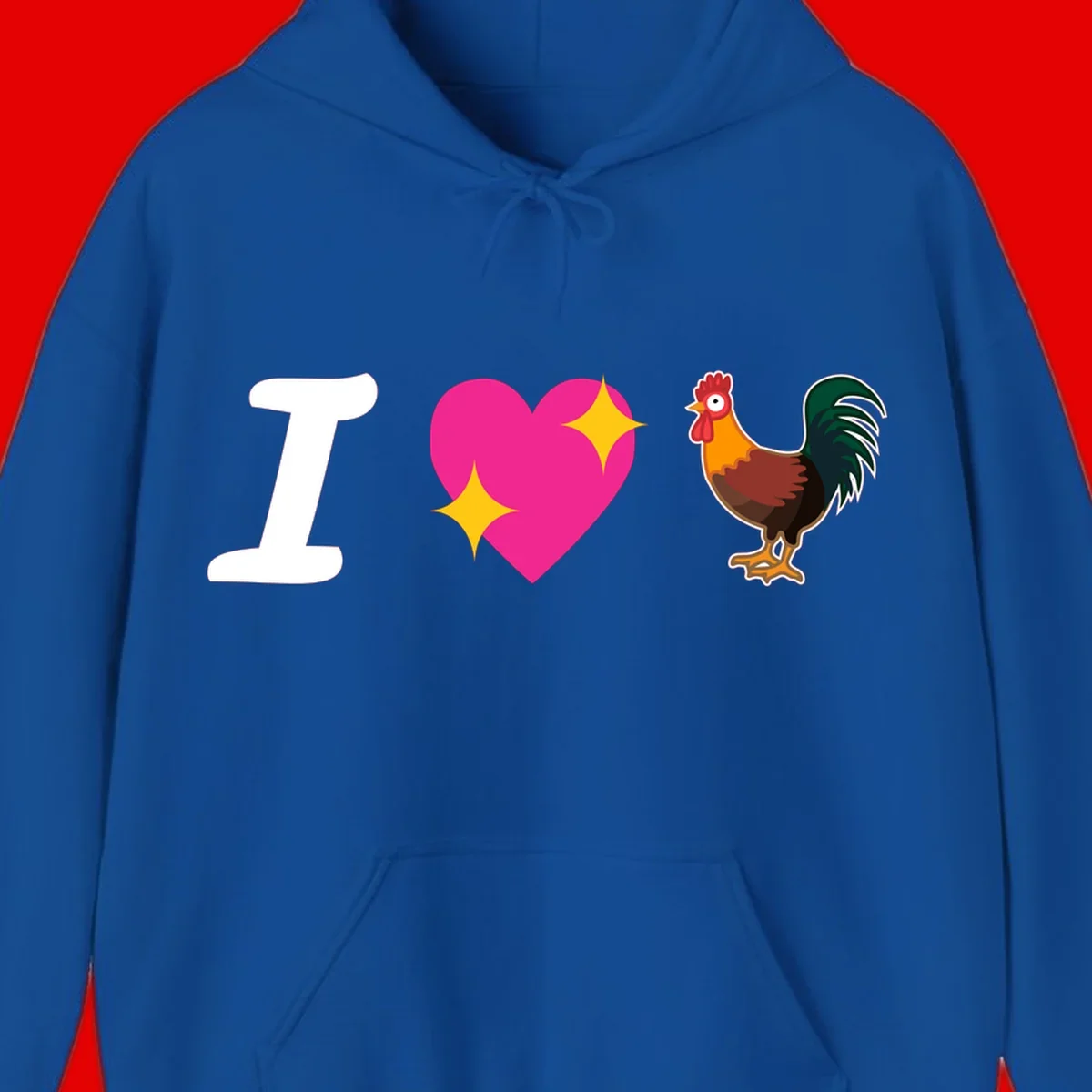 I love rooster design featuring large white I, pink sparkly heart, and colorful rooster illustration on gray background