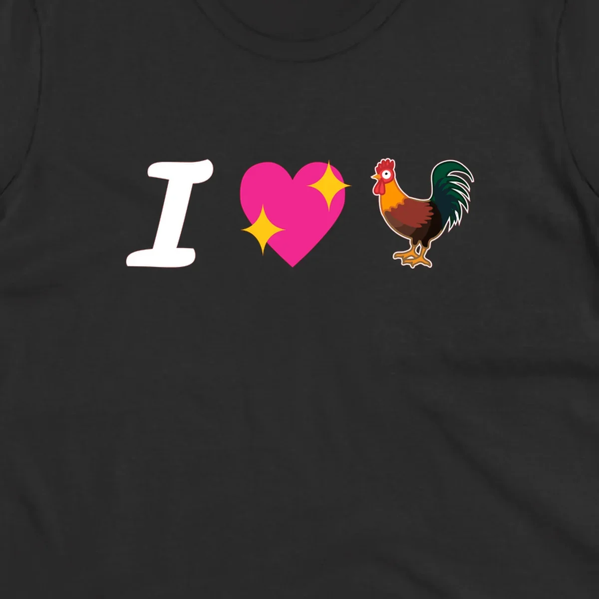 I love rooster design featuring large white I, pink sparkly heart, and colorful rooster illustration on gray background