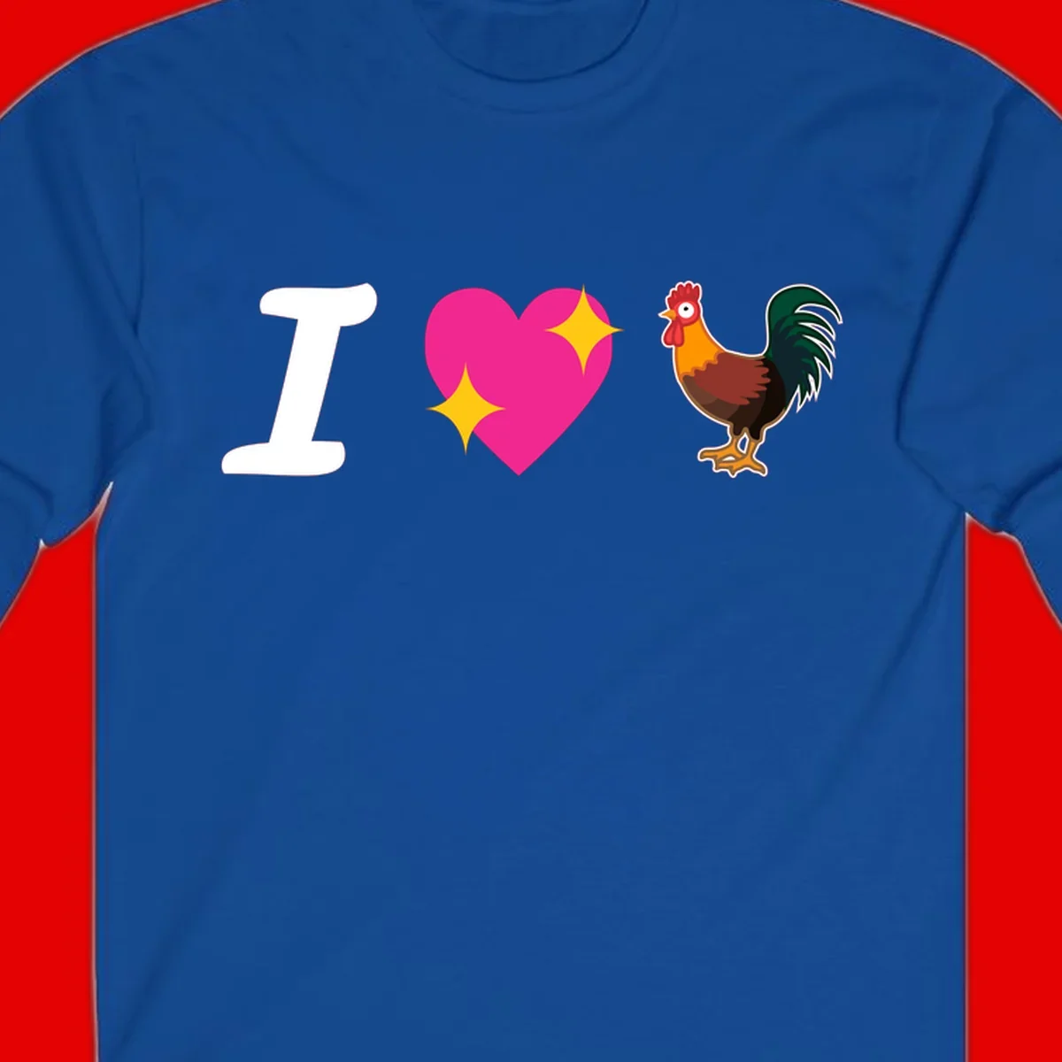 I love rooster design featuring large white I, pink sparkly heart, and colorful rooster illustration on gray background