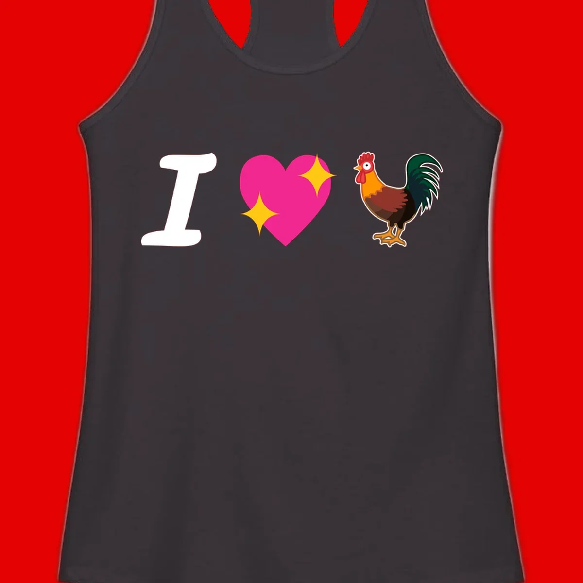 I love rooster design featuring large white I, pink sparkly heart, and colorful rooster illustration on gray background