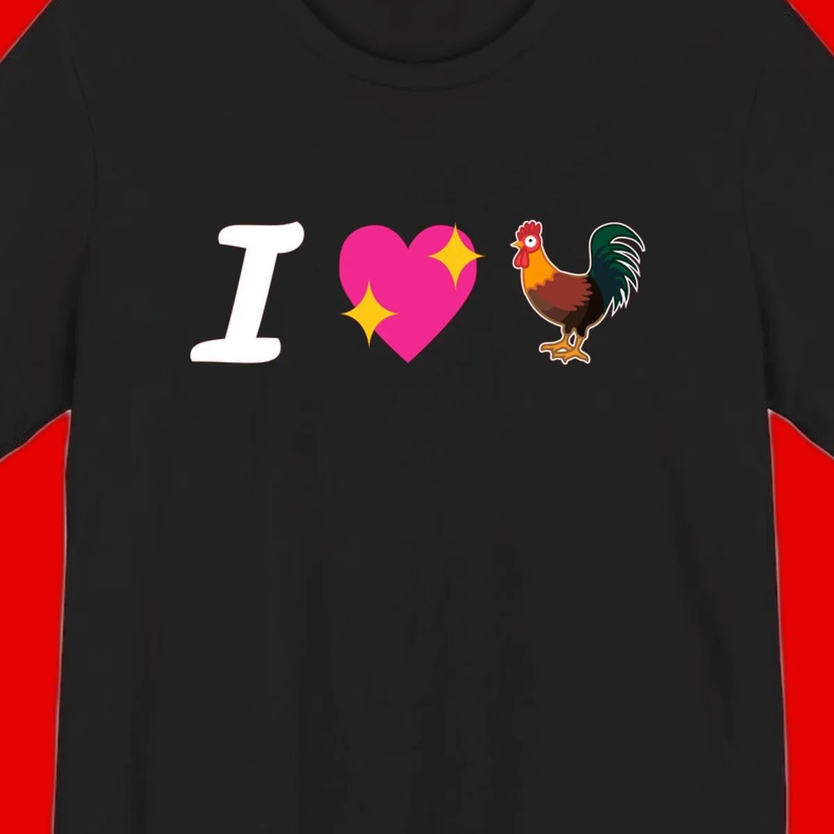 I love rooster design featuring large white I, pink sparkly heart, and colorful rooster illustration on gray background