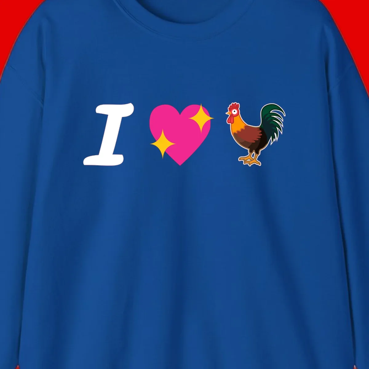 I love rooster design featuring large white I, pink sparkly heart, and colorful rooster illustration on gray background
