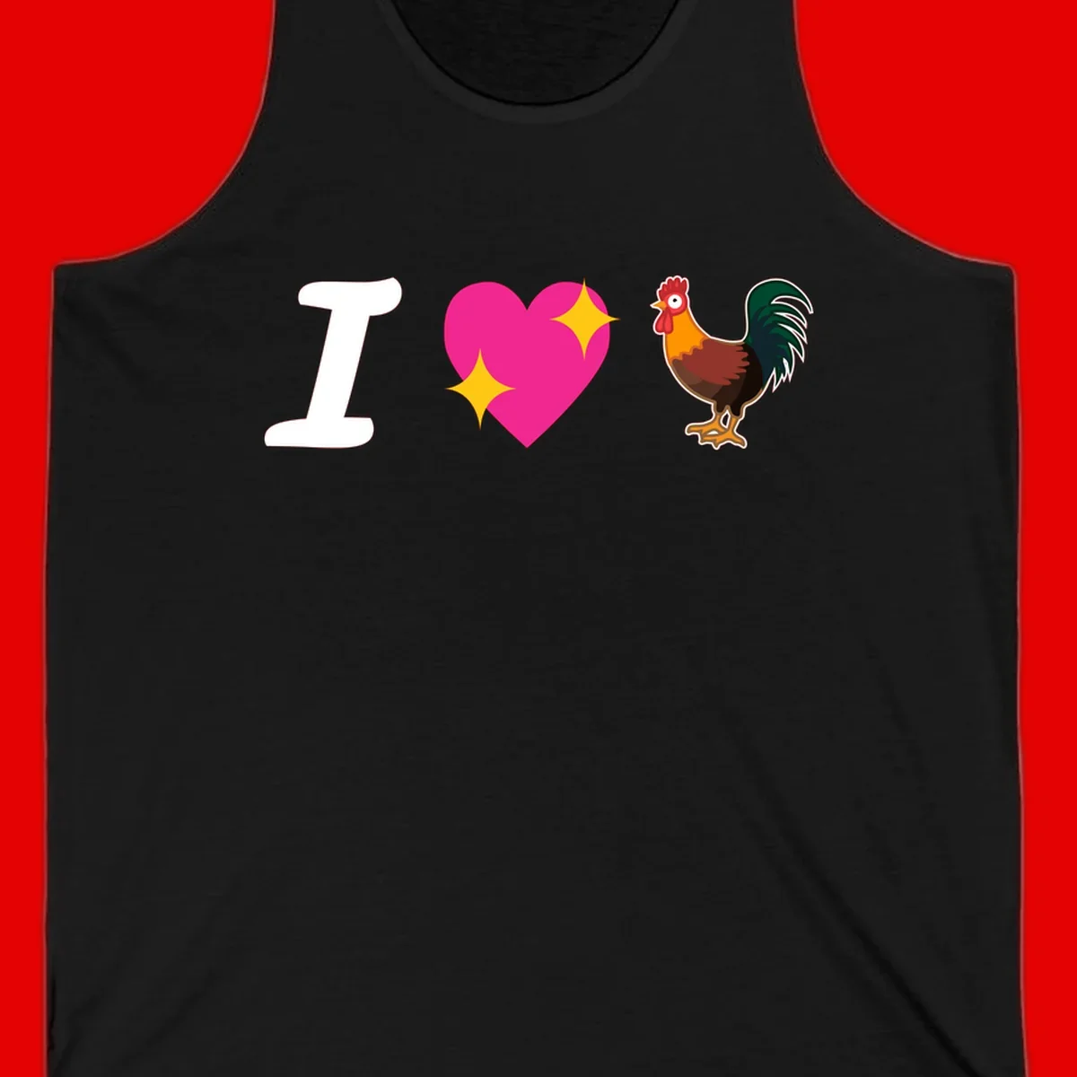 I love rooster design featuring large white I, pink sparkly heart, and colorful rooster illustration on gray background