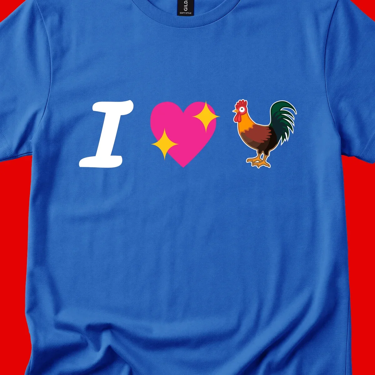I love rooster design featuring large white I, pink sparkly heart, and colorful rooster illustration on gray background