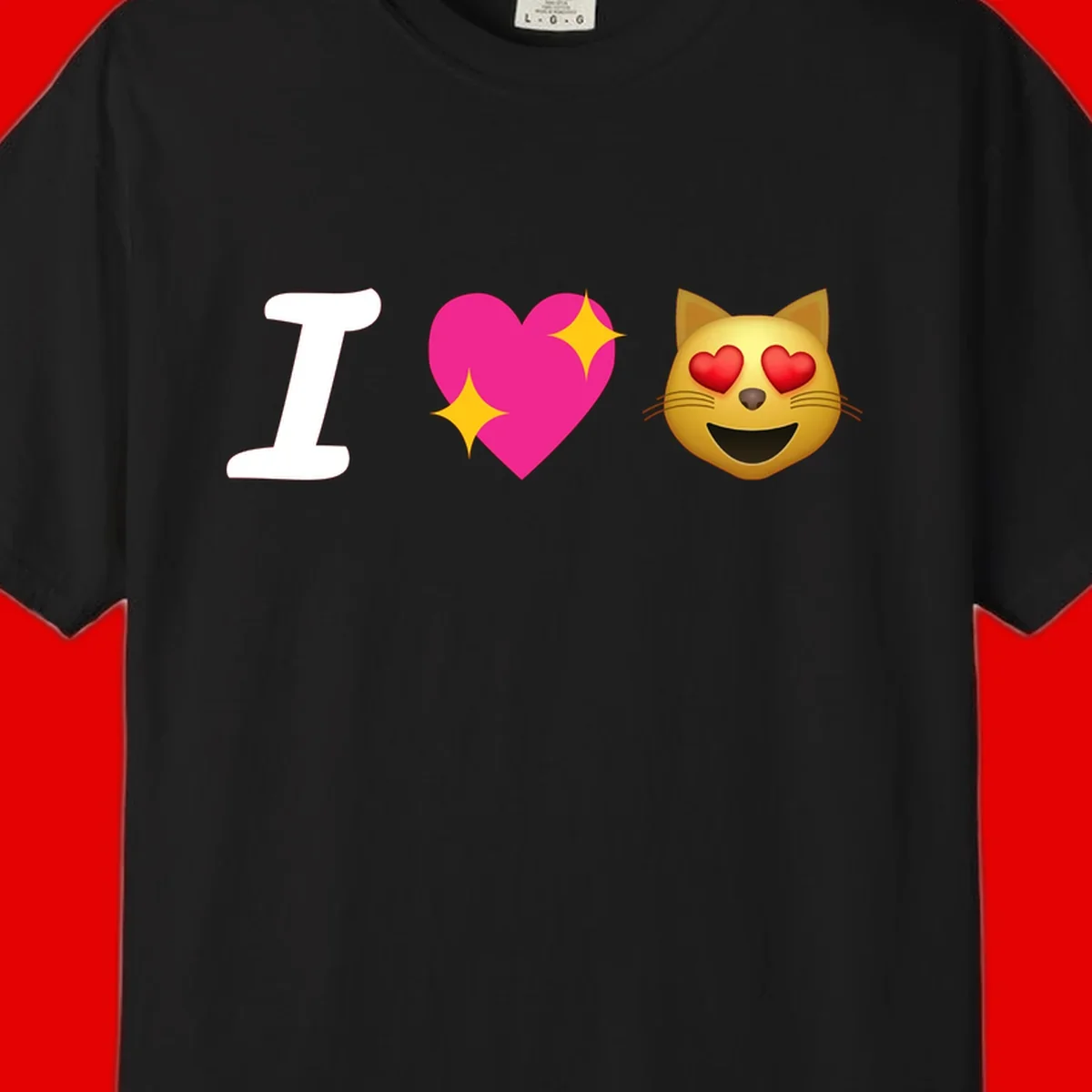 I love cats design with letter I, pink heart with sparkles, and smiling cat face with red heart eyes