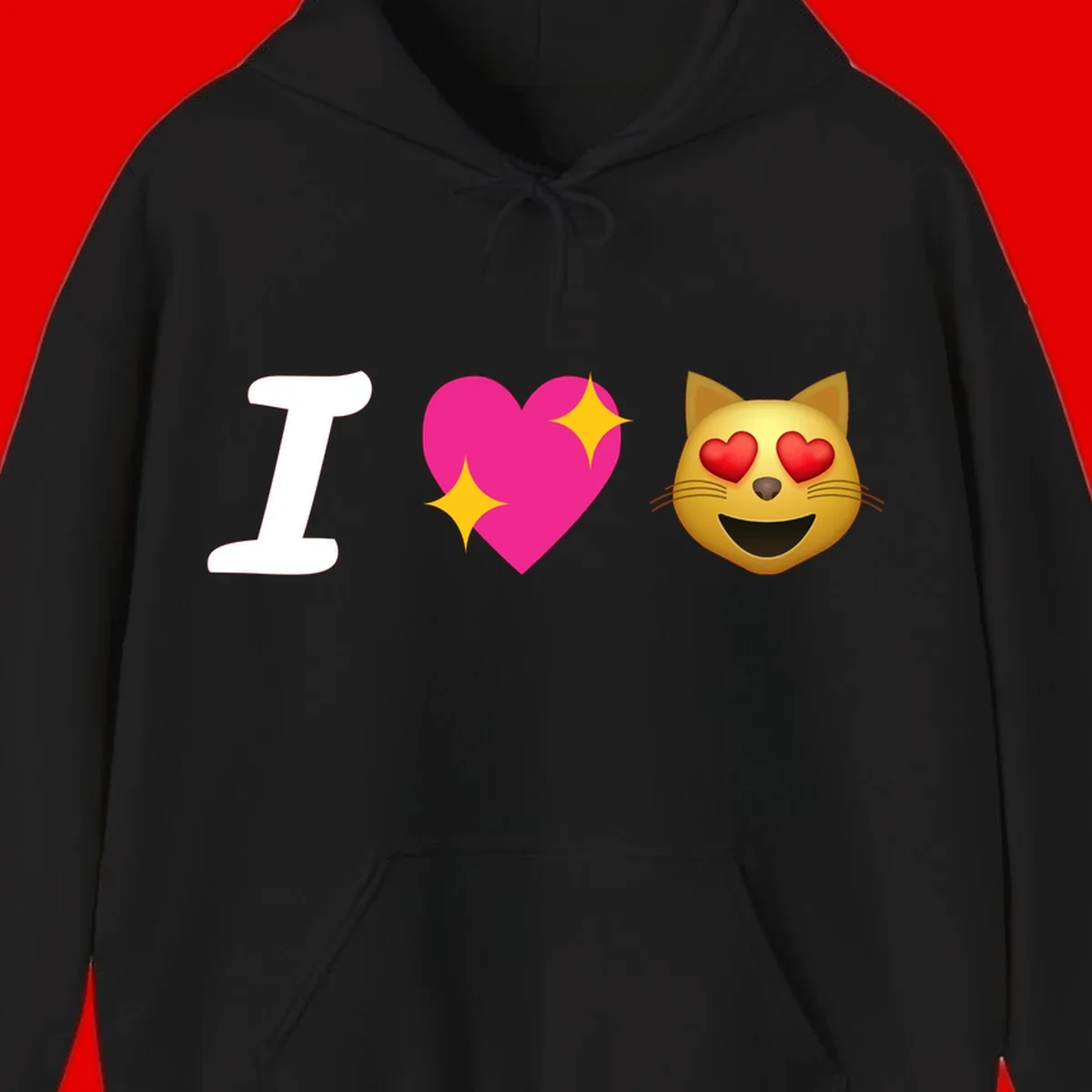 I love cats design with letter I, pink heart with sparkles, and smiling cat face with red heart eyes