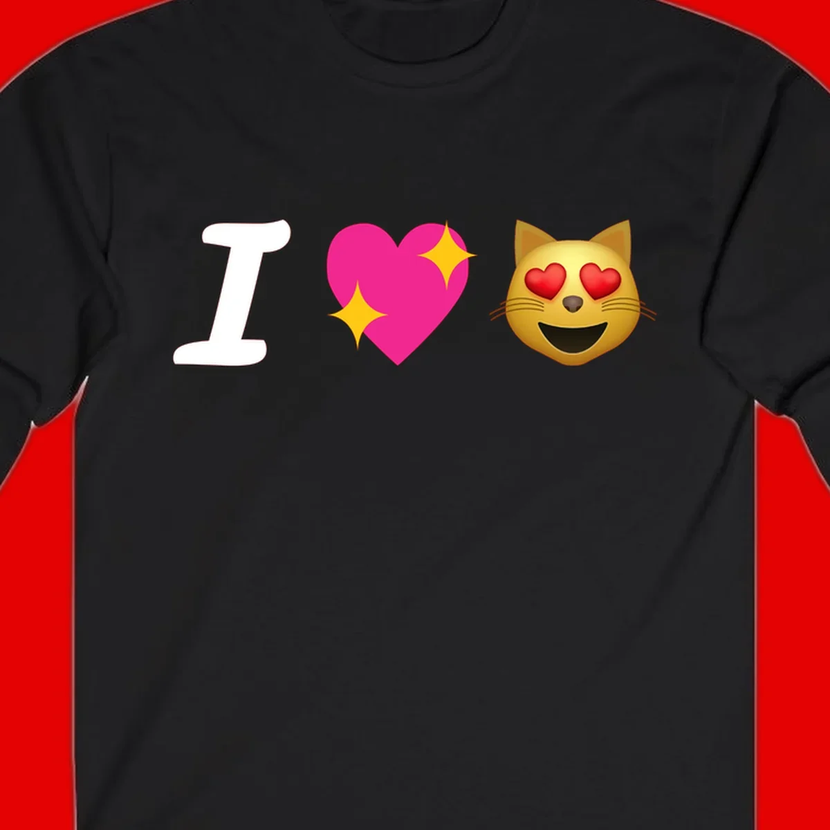 I love cats design with letter I, pink heart with sparkles, and smiling cat face with red heart eyes