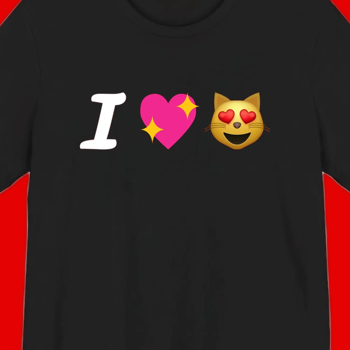 I love cats design with letter I, pink heart with sparkles, and smiling cat face with red heart eyes