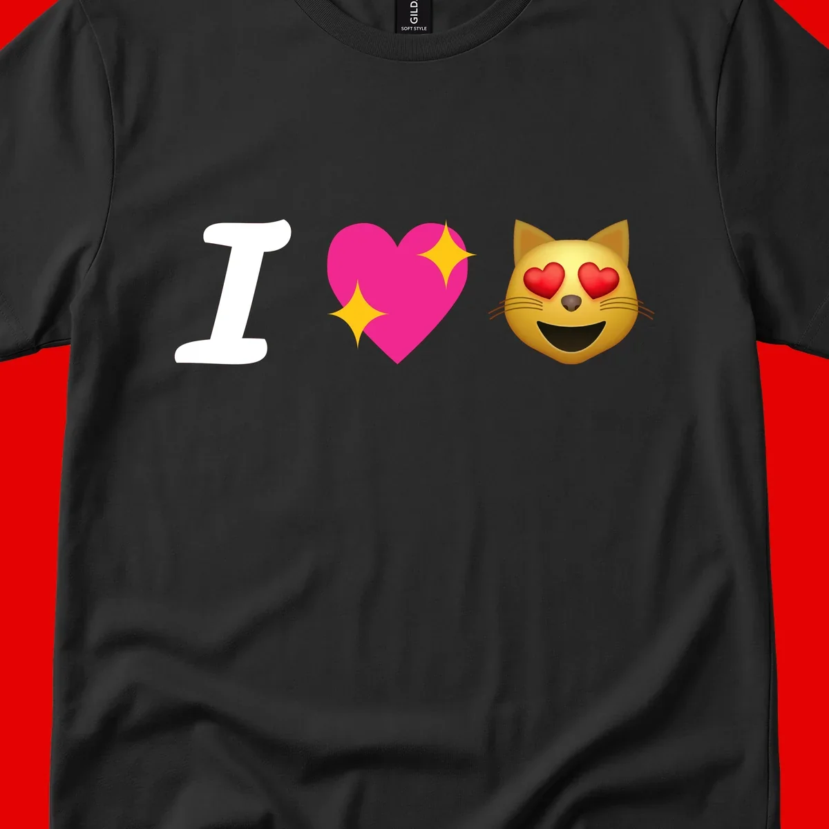 I love cats design with letter I, pink heart with sparkles, and smiling cat face with red heart eyes