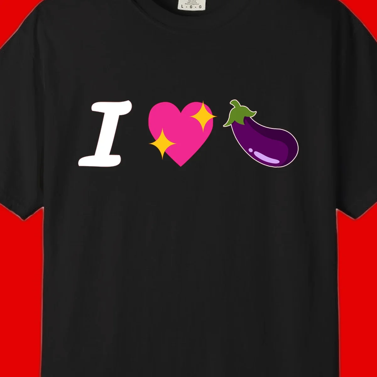 Rebus design reading 'I love eggplant' with letter I, pink heart with yellow sparkles, and purple eggplant illustration