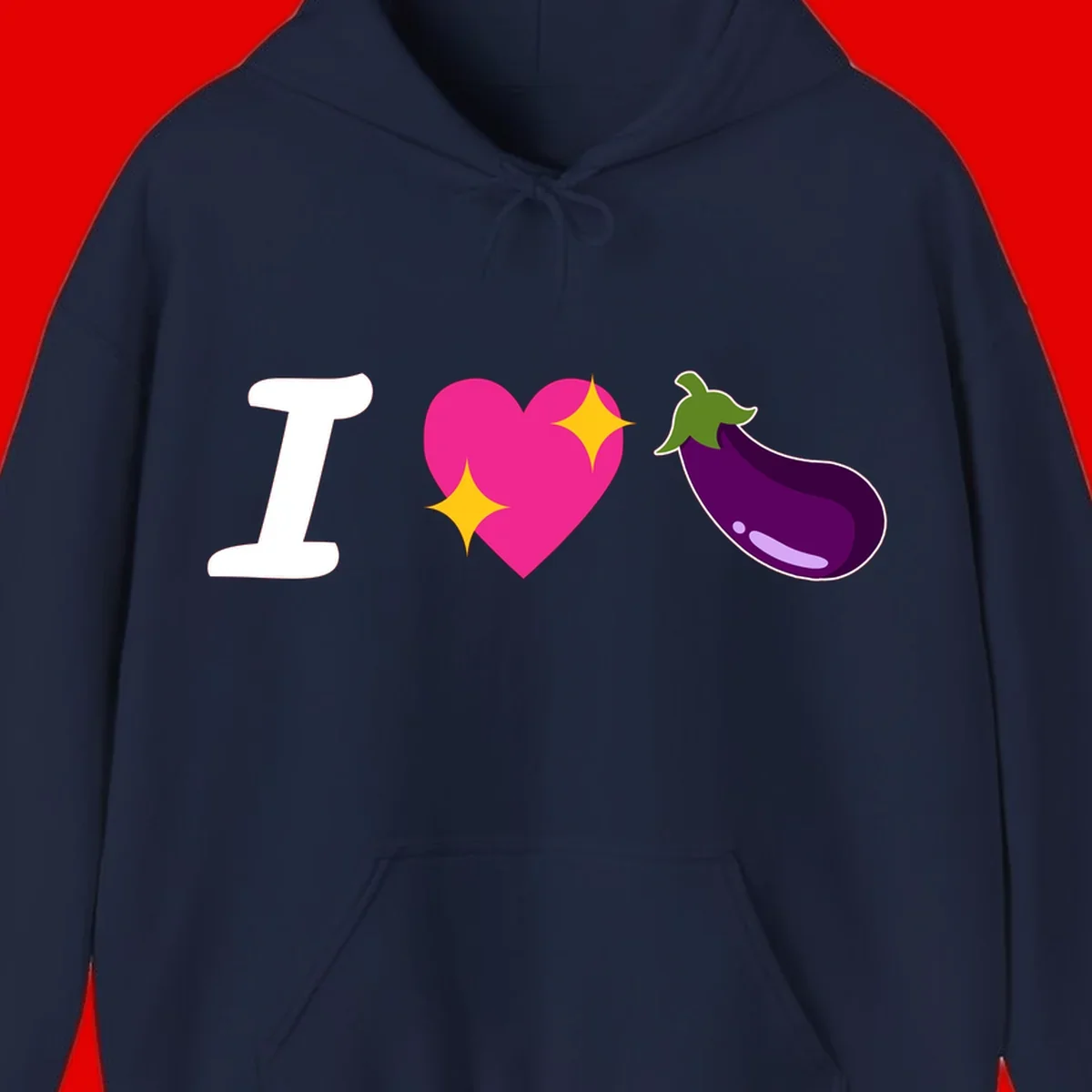Rebus design reading 'I love eggplant' with letter I, pink heart with yellow sparkles, and purple eggplant illustration