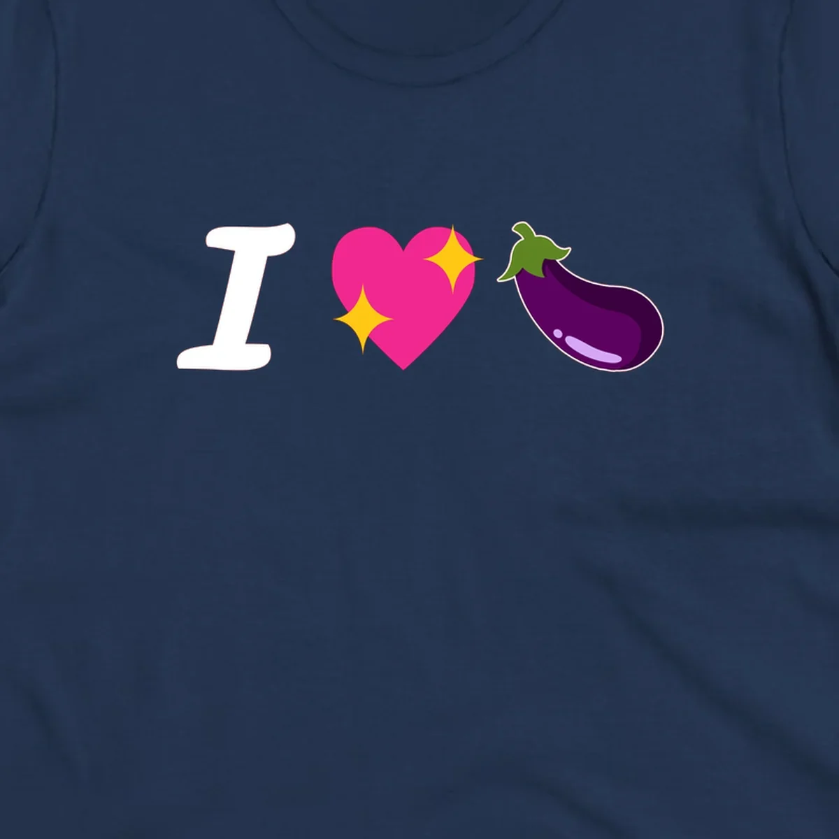 Rebus design reading 'I love eggplant' with letter I, pink heart with yellow sparkles, and purple eggplant illustration