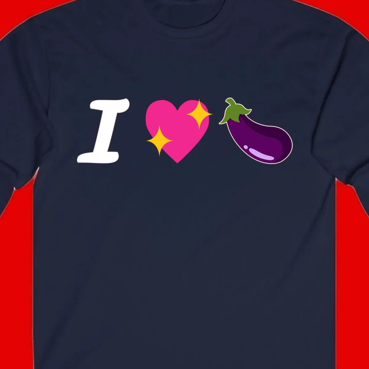 Rebus design reading 'I love eggplant' with letter I, pink heart with yellow sparkles, and purple eggplant illustration
