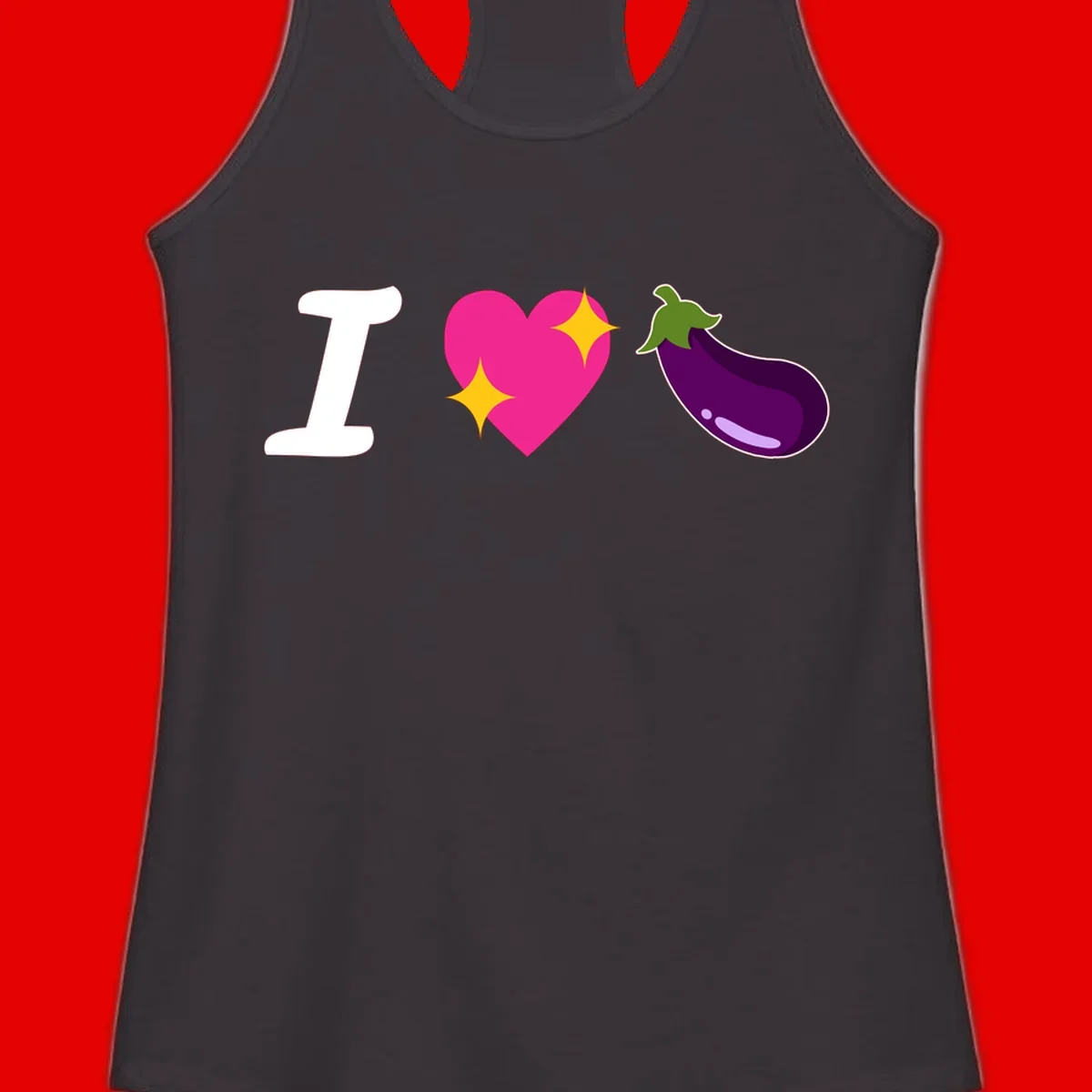 Rebus design reading 'I love eggplant' with letter I, pink heart with yellow sparkles, and purple eggplant illustration
