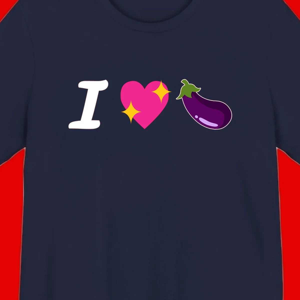 Rebus design reading 'I love eggplant' with letter I, pink heart with yellow sparkles, and purple eggplant illustration