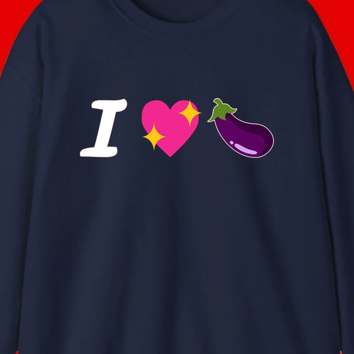 Rebus design reading 'I love eggplant' with letter I, pink heart with yellow sparkles, and purple eggplant illustration