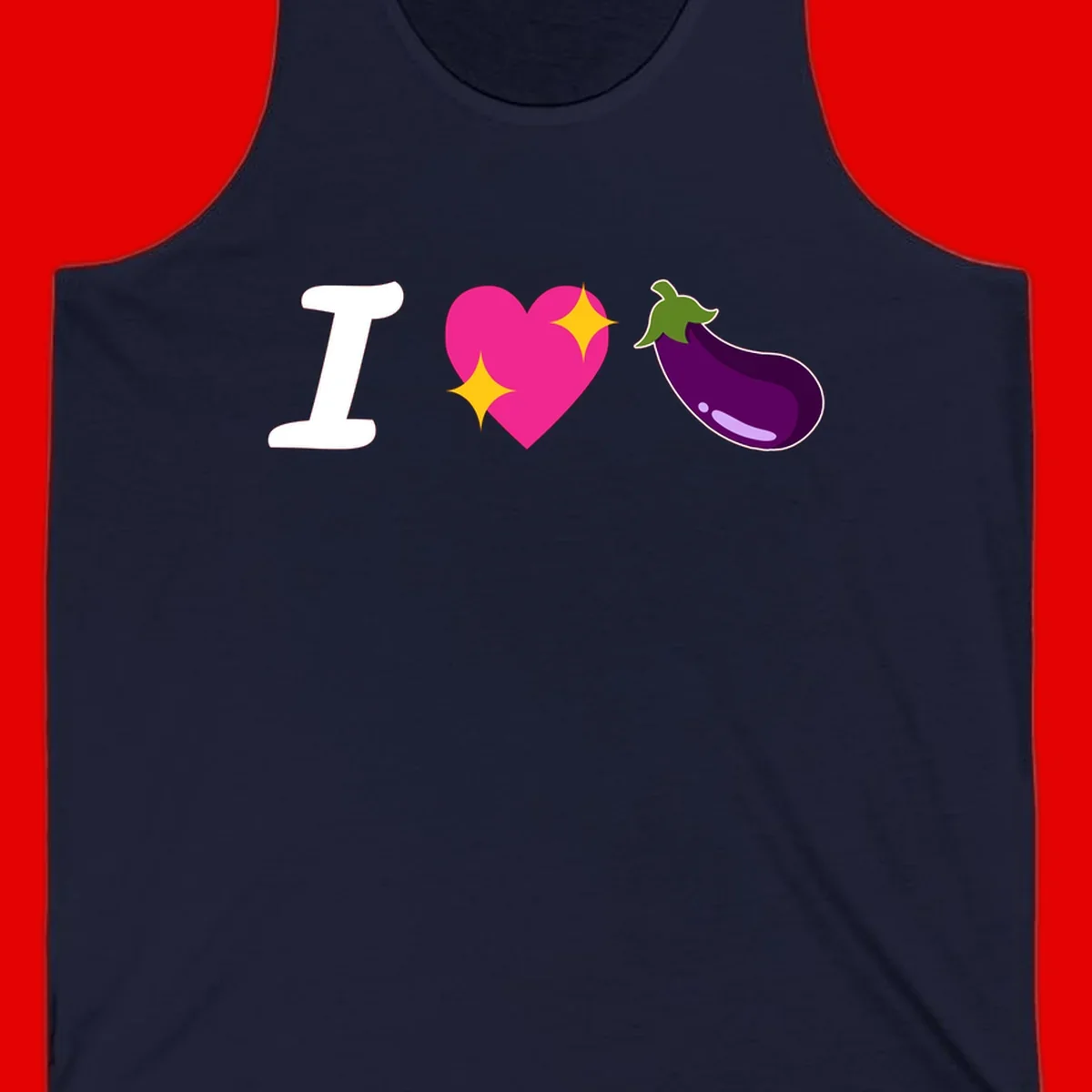 Rebus design reading 'I love eggplant' with letter I, pink heart with yellow sparkles, and purple eggplant illustration