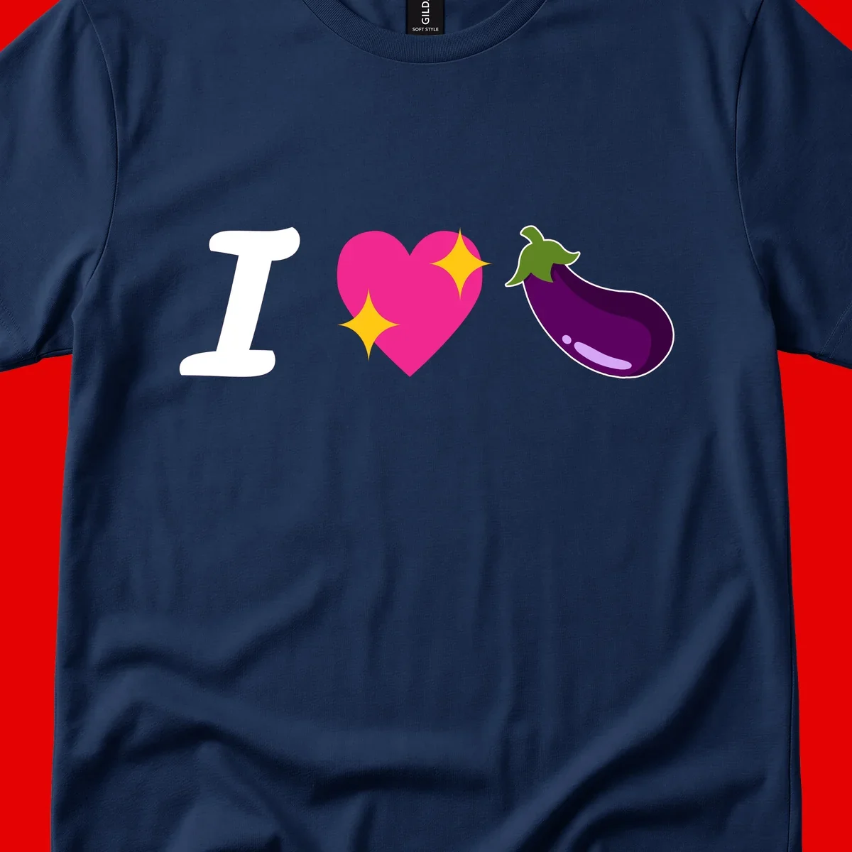 Rebus design reading 'I love eggplant' with letter I, pink heart with yellow sparkles, and purple eggplant illustration