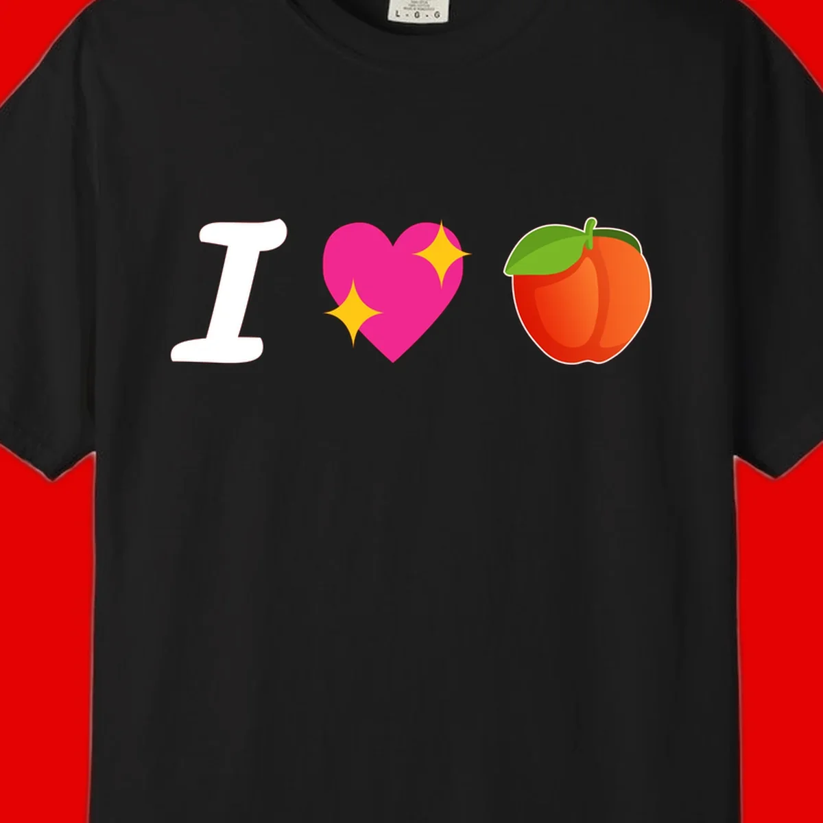 I love apples rebus design with large white I, magenta heart with yellow sparkles, and red apple with green leaf