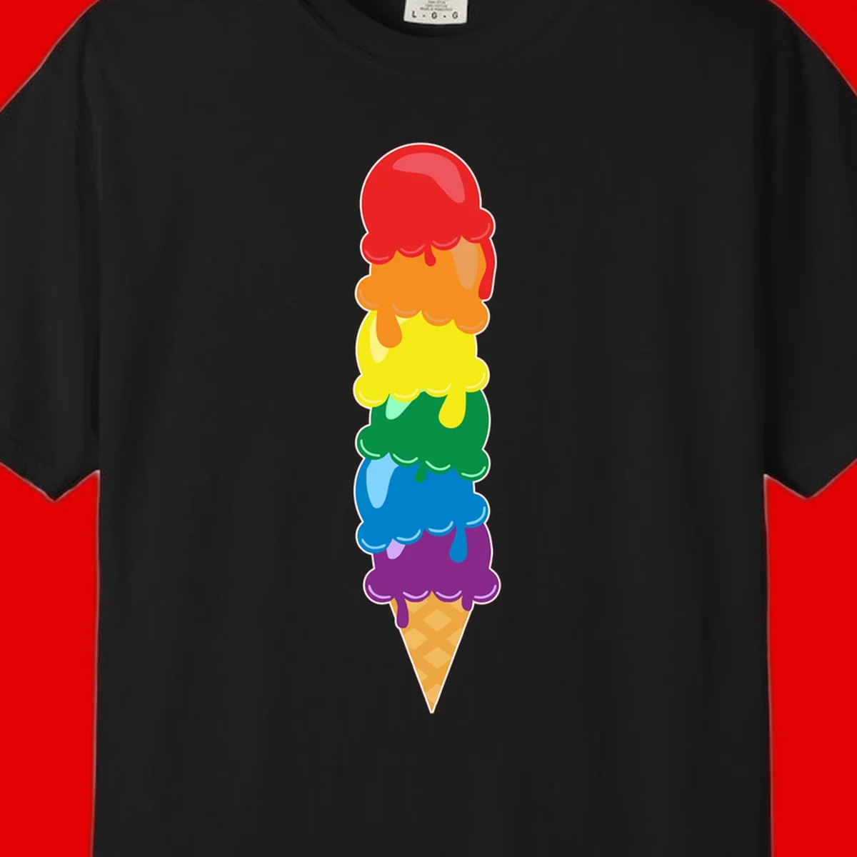 Colorful rainbow ice cream cone with six stacked scoops in pride flag colors dripping down a waffle cone