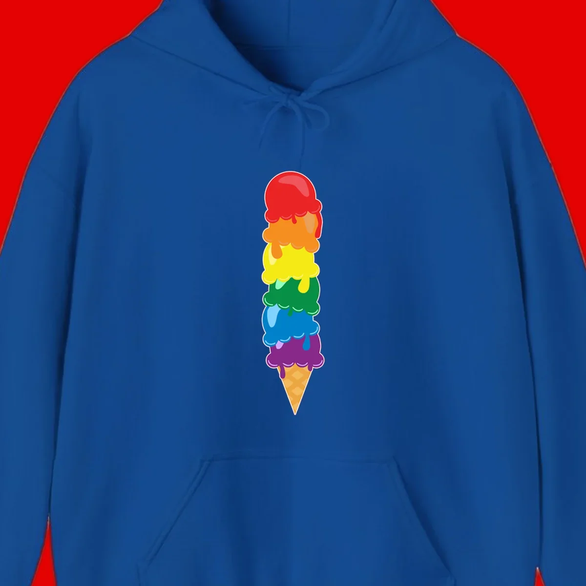 Colorful rainbow ice cream cone with six stacked scoops in pride flag colors dripping down a waffle cone