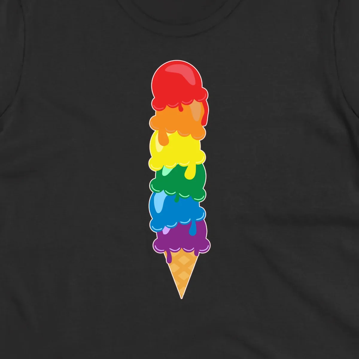 Colorful rainbow ice cream cone with six stacked scoops in pride flag colors dripping down a waffle cone